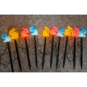 Vintage Easter Bunny String Lights Blow Mold Bunnies With Stakes